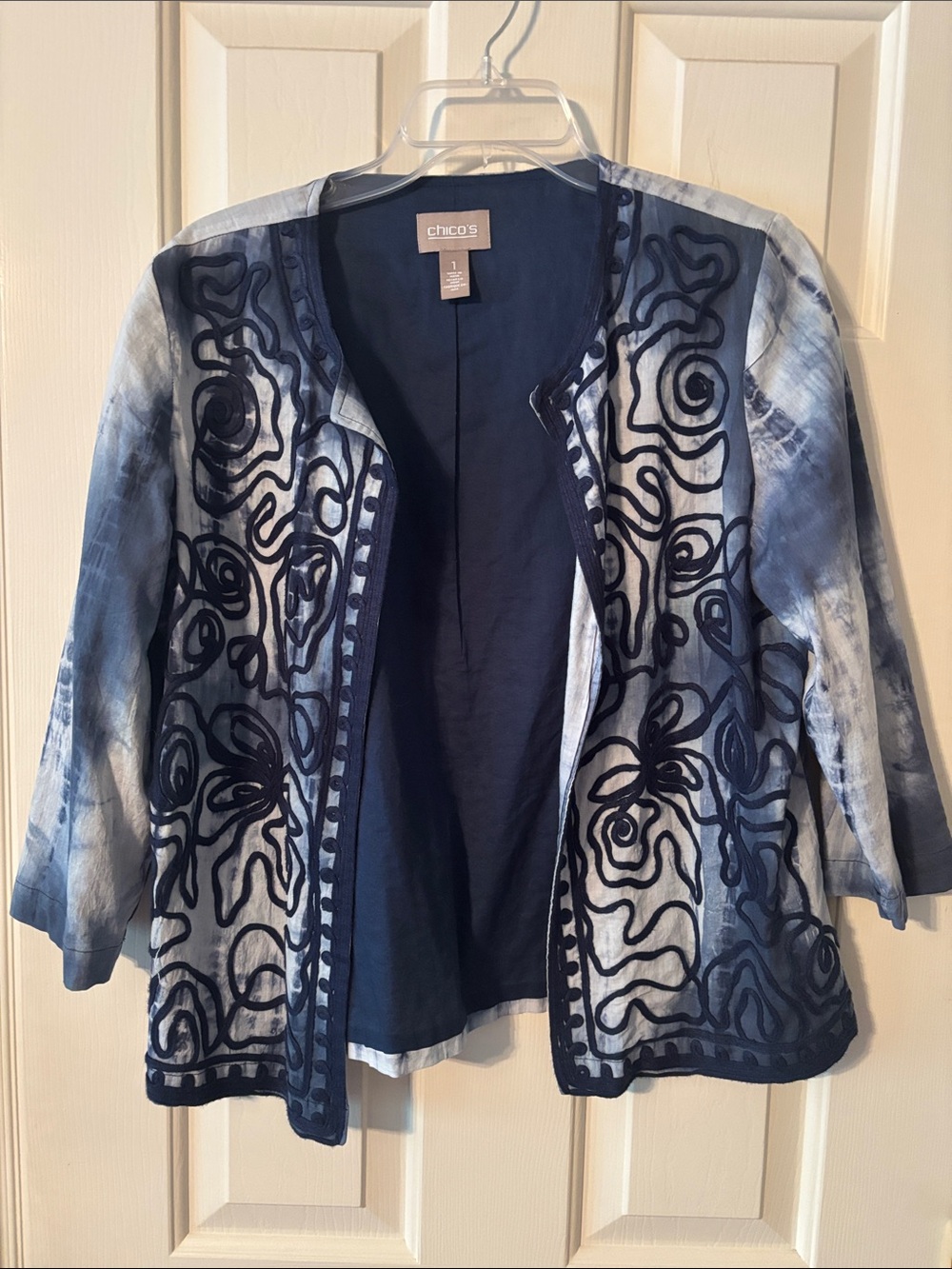 Chico's Navy & Light Blue Embroidered Open-Front Jacket